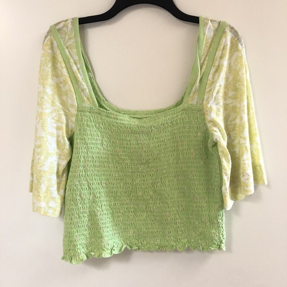 NWT✨Free People 🦋 Marigold Smocked Tee Blouse Key Lime Green Combo Floral XL - Picture 7 of 9